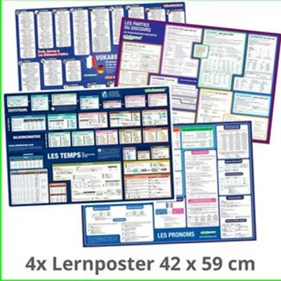 Obrázok produktu pre mindmemo Lernposter 4er Set - Französische Zeiten + Wortarten + Pronomen + Grundwortschatz | Grammatik lernen Grundwissen Lernhilfe