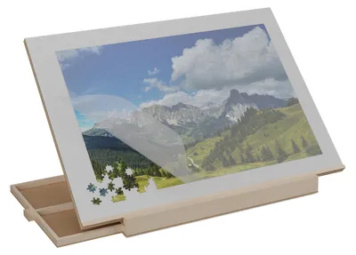 Zdjęcie produktu dla Relaxdays – stolik do układania puzzli z 2 szufladami, do puzzli do 1000 elementów, z regulacją nachylenia, drewniana podkładka do puzzli, blat do układania puzzli, kolor naturalny/szary