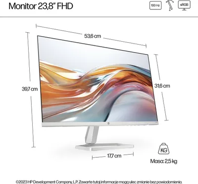 Zdjęcie produktu dla HP 23,8-calowy monitor seria 5 FHD w kolorze białym – 524sw, 60,5 cm (23.8"), 1920 x 1080 px, Full HD, LCD, 5 ms, Srebrny
