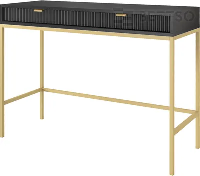A black console table with gold legs and gold drawer pulls, shown against a white background.