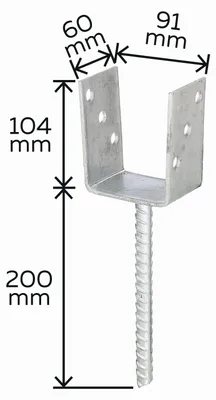 Zdjęcie produktu dla Alberts 214265 Wspornik słupka U z kotwą do betonu ze stali falistej, ocynkowany ogniowo, szerokość w świetle 91 mm, długość kotwy do betonu 200 mm
