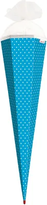 Produktbild von Bastel-Schultüte groß pazifikblau - weiße Punkte 85 cm - 6-eckig Rot(h)-Spitze und Tüllverschluss weiss