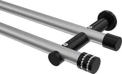 Produktbild von Interdeco Gardinenstange / Vorhangstange Silbergrau / Schwarz, Typ Platon Estana (Glitzerkappe) ohne Ringe, 20 mm Ø 2-läufig, 120 cm