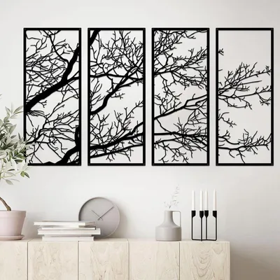 Image de ESTART Arbre de vie noir métal Décoration murale set de 4 110x56 cm Outdoor Indoor Art mural