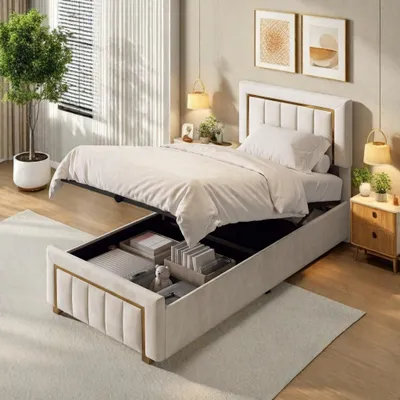 Image de Lit tapissier 90x200 pour adolescents, avec LED et port USB, structure de lit avec sommier à lattes et espace de rangement, lit à lattes avec coffre de rangement, couleur beige, en velours, sans matelas