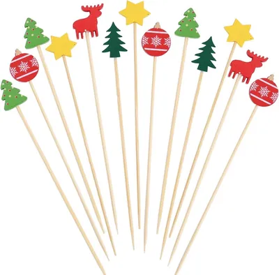 Productafbeelding van Kerst Cocktailspiesen - Fingerfood Spiesen - Feestelijke Decoratie - 5 Verschillende Designs - 13 cm - Houtkleurig