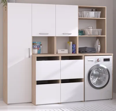 A laundry room cabinet set with a washing machine.