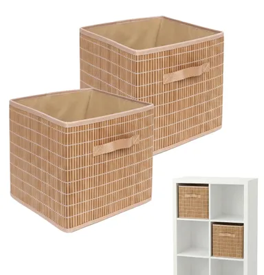 Image de Lot de 2 paniers de rangement Relaxdays, en bambou et tissu, paniers de salle de bain, paniers d'étagère avec poignée, dimensions : 28 x 28 x 28 cm, pliables, couleur naturelle