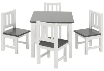 Productafbeelding van Bomi Amy Kindertafel met 4 Stoeltjes HoutGrijs Wit - Massief Grenenhout - Kindertafel en Stoeltjes - Speeltafel - Tekentafel - 3 t/m 6 Jaar