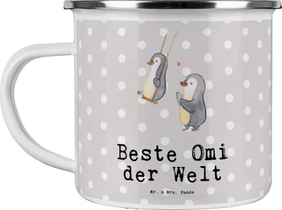 Produktbild von Mr. & Mrs. Panda Tasse Emaille Pinguin Beste Omi der Welt - Grau Pastell - Geschenk, Enkelkind, Teetasse, Geburtstag, Oma, Großmutter, Geschenkidee, Kaffeepott, Bester