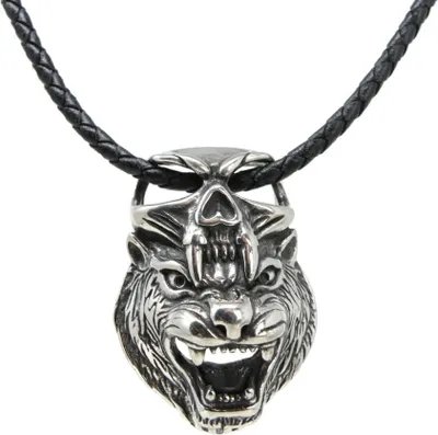 Produktbild von Lederkette Edelstahlkette 316L SKULL TIGER 60 cm Leder 05-06