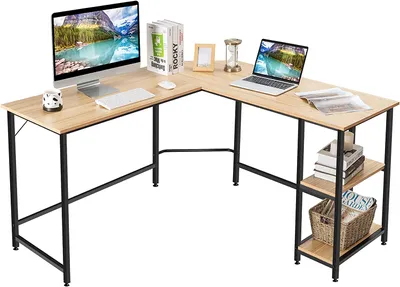 Immagine prodotto di COSTWAY Scrivania a L, scrivania angolare 137x137x75,5 cm, scrivania per computer, scrivania per ufficio con 2 ripiani e poggiapiedi, scrivania salvaspazio, natura