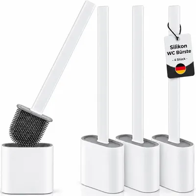 Produktbild von 4x WC Bürste Garnitur Silikon Toilettenbürste Weiß Wandhalterung ohne Bohren