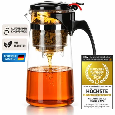 Produktbild von Dimono Profi Teezubereiter aus hitzebeständigem Glas mit Knopfdruck-Mechanik, Teekanne mit integriertem Sieb, 400ml Volumen für losen Tee