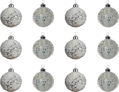 Produktbild von Weihnachtskugeln Glas mit Pailletten Perlen 8cm winterweiß, 12er Set