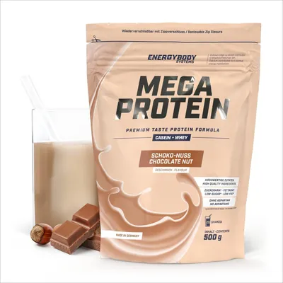 Produktbild von Energybody Mega Protein "Schoko-Nuss", Proteinpulver mit Whey und Casein, Eiweißpulver, 500 g Beutel