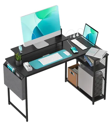 Immagine prodotto di Scrivania da gaming a forma di L - Scrivania angolare per computer - Con supporto per monitor - Presa di corrente e porta USB - 100x70x75 cm - Nero