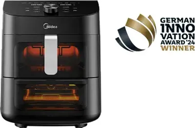 Produktbild von Midea Heißluftfritteuse MAD1100DADK, 11 Liter, 2-in-1 Ofen & Fritteuse, 2 unabhängige Garräume, Antihaftbeschichtung, vertikale Bauweise, 10 Automatikprogramme, Google Home & Alexa, SYNC Finish