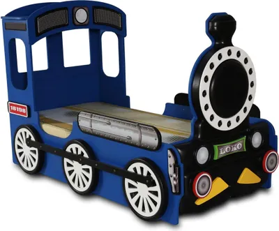 Produktbild von Blaues Kindezimmer Bett Luxus Einzelbell in Eisenbahn Design Holzgestell