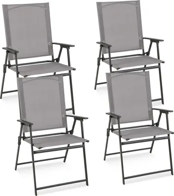 Four gray folding chairs are arranged in a grid formation against a white background.