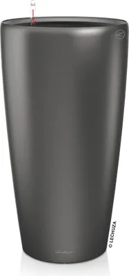 A tall, cylindrical planter with a metallic anthracite finish.