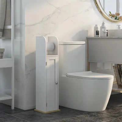 Image de Armoire étroite pour salle de bain avec porte-rouleau de papier toilette, meuble de salle de bain 20x20x80 cm, blanc. Armoire de toilette avec porte et étagères réglables, commode de salle de bain