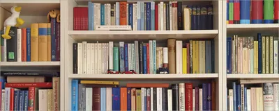 Produktbild von Wallario selbstklebendes Poster - Weißes Bücherregal mit unterschiedlichen Büchern, Größe: 50 x 125 cm