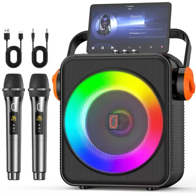 Karaoke-Maschine mit 2 drahtlosen Mikrofonen, Bluetooth, tragbar