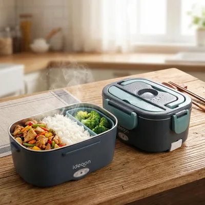 Produktbild von 2er-Set Elektrische Lunchbox 60W – 1,5L Edelstahl Speisenwärmer (12V/24V) & Steckdose – Inkl. Isoliertasche, Edelstahl-Besteck & 375ml Zusatzdose