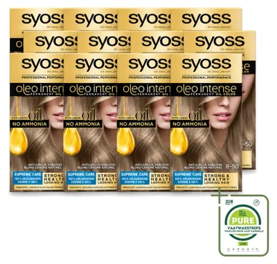 Immagine prodotto di 12 confezioni di tinta permanente per capelli Syoss Oleo Intense 8-50, colorazione biondo cenere naturale, confezione grande - 12 pezzi