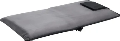 A gray floor chair with a black accent is shown against a white background.