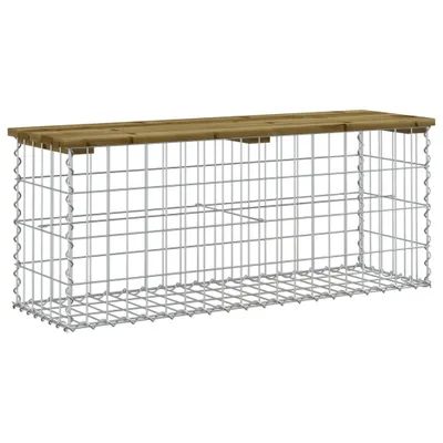 A gabion bench with a wooden top, isolated on a white background.