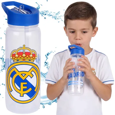 Produktbild von Real Madrid Wasserflasche mit Trinkverschluss und Griff für Fans, transparente Flasche mit Trinkhalm, 600 ml