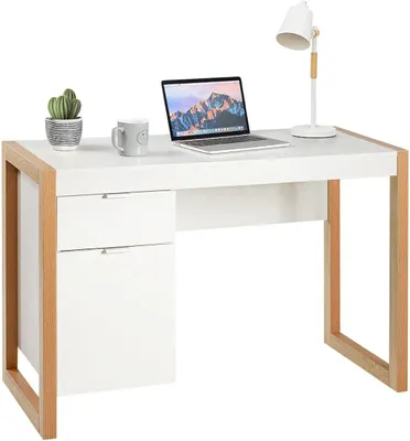 Produktbild von Computerschreibtisch aus MDF mit 2 Schubladen, Arbeitstisch für Schlafzimmer, Büro, Zuhause, moderner Stil, 112,5 x 50 x 75 cm, Weiss