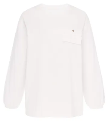 Produktbild von Damen Bluse weiss Größe M, gestrickt, Rundhalsausschnitt, Bischofsärmel, Brusttasche, Baumwoll-Elasthan