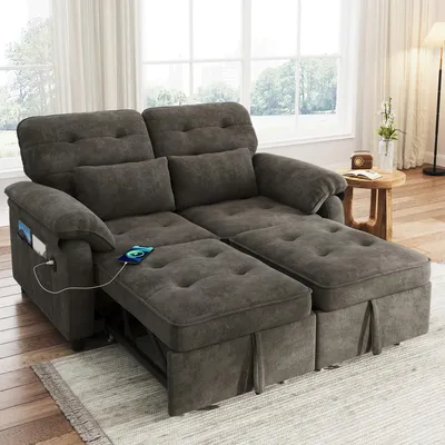 Zdjęcie produktu dla Merax 3 w 1 rozkładana sofa, 2-osobowa sofa z funkcją spania, regulowanym oparciem, z portami USB i Type-C, 2 poduszki, rozkładana sofa, szara