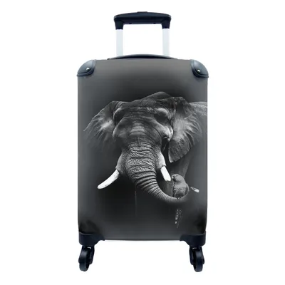 Produktbild von MuchoWow® Koffer Handgepäck Trolley Rollkoffer Kleine Reisekoffer mit 4 Rollen - Elefant mit Papagei vor schwarzem Hintergrund - schwarz und weiß - Cabin Size < 55x40x23 cm & 55x40x20 cm - Fotokoffer - Kabinenkoffer - Boardgepäck - Reise-Box - Reisekoffer - Reisegepäck - Koffer mit Bild - Trolley für Kinder