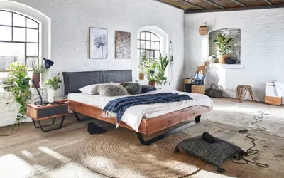 Produktbild von Bett Ishoj 140x200 cm Esche Bassano Lederkopfteil Anthrazit Metallkufen