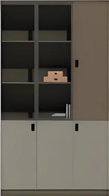 Produktbild von Moderner Büroschrank Braun und Grau mit Regalen und Schranktüren für Büro