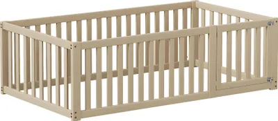 Image de OKWISH Lit Enfant 90x200 cm - Lit Au Sol Avec Barrières Et Petite Porte, Cadre Bois Massif, Sans Matelas - Naturel
