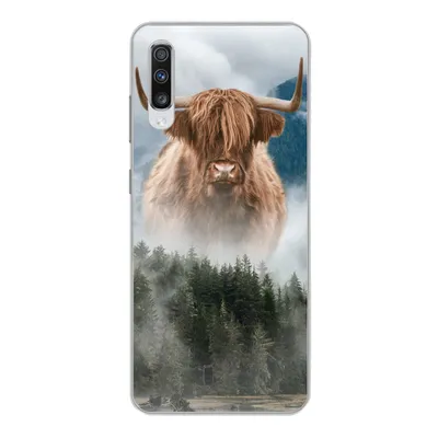 Produktbild von MuchoWow® Handyhülle Schutzhülle Hülle für Samsung Galaxy A70 Schottische Highlander - Kühe - Nebel Silikon Softcase Handy Hülle - Schutzhaube
