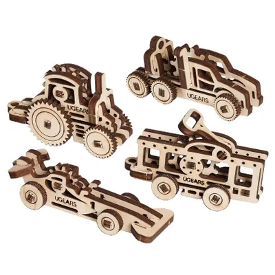 Produktbild von Ugears 3D mechanisches Holzpuzzle 4 mechanische Anhänger Fahrzeuge