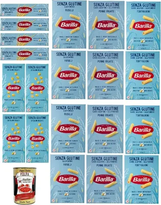 Produktbild von Barilla Glutenfrei Pasta Mix – 20 x 400 g (8 kg): Fusilli, Penne, Tortiglioni, Spaghetti & Ditalini | Mais & Vollkornreis, vegan, al dente 9–11 Min., Vorratspack + Italian Gourmet polpa