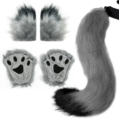 Wolf-Fuchsschwanz Kostümset, Plüsch, Grau-Schwarz