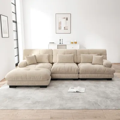 Produktbild von s Modulares Ecksofa - Übergroßes L-förmiges Cloud Couch für Wohnzimmer, Tiefes Schlafsofa mit Ottoman, Cord, Chenille Hellbraun