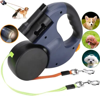 Image de 3m rétractable chien laisse à enrouleur laisse sangle double pour 2 chiens avec lampe LED