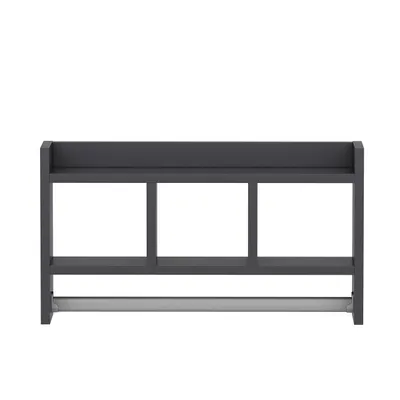 A dark gray wall shelf with three compartments and a lower bar.