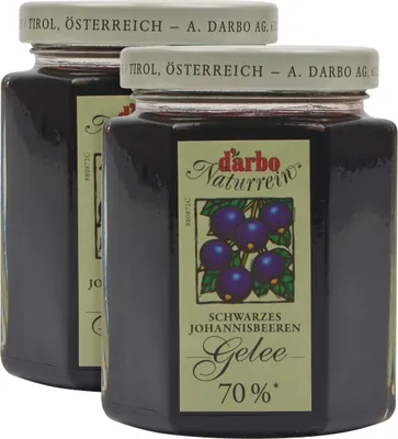 Produktbild von Food-United GELEE EXTRA aus schwarzen Johannisbeeren-Saft und Konzentrat von DARBO Naturrein 2x 200g Glas fruchtig und veganer Brot--Aufstrich Johanisbeergelee perfekt für Torten Kuchen Füllungen Brot und Brötchen Porridge Pudding Frühstück Gebäck Eisc