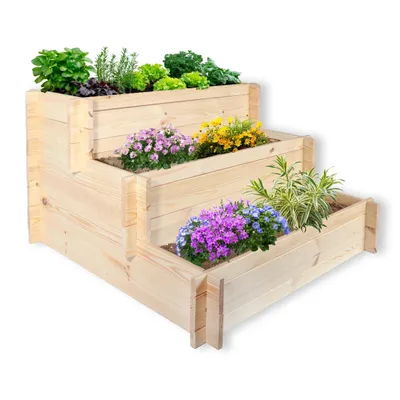 Produktbild von Stufenbeet mit 3 Stufen aus Kiefer natur Pflanzkasten Gemüsebeet Pflanztreppe für den Garten