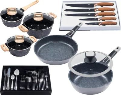 Produktbild von 11tlg. Profi-Bratpfannenset »Moonscape 2er« GRAU Bratpfanne flach (Ø24cm) + Bratpfanne tief (Ø24cm) mit Glasdeckel + 5tlg. Messerset + 3tlg. Kochtopfset (Ø18,20,24cm) + 31tlg. Besteck